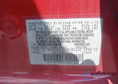 2016 Nissan Versa 1.6 S/1.6 S+/1.6 Sl/1.6 Sv z USA, uszkodzony, nr VIN 3N1CN7AP9GL854116